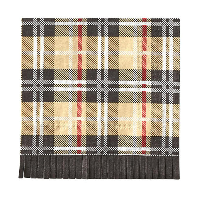 S'mores Fringe Cocktail Napkin - Brown Plaid