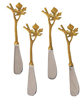 6"L Stainless Steel & Brass Canape Knives w/ Maple Branch Handles