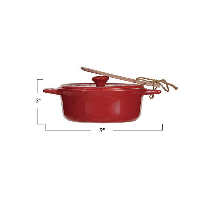 Stoneware Brie Baker w/ Wood Tree Shaped Spoon, Red, Set of 2 (Each One Will Vary)