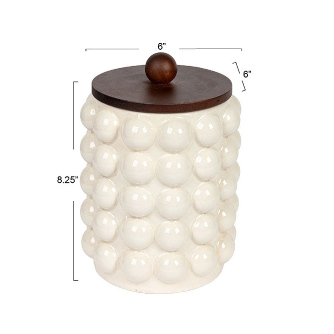 Stoneware Canister w/ Raised Dots & Acacia Wood Lid & Natural