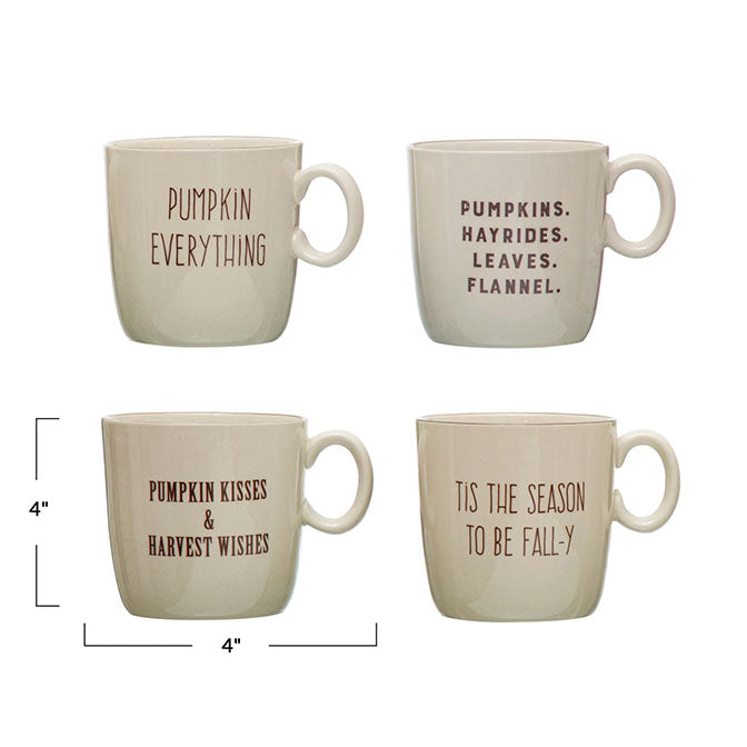 4" Round x 4"H 16 oz. Stoneware Mug w/ Fall Saying, Cream Color & Brown, 4 Styles