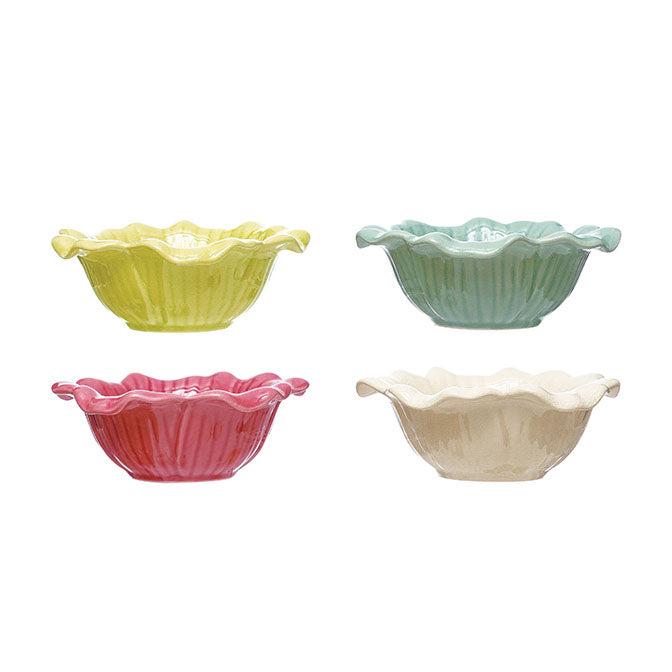 Debossed Stoneware Flower Bowl, Crackle Glaze, 4 Colors