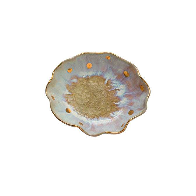 Stoneware Fluted Dish w/ Gold Electroplated Dots & Edge (Each One Will Vary)