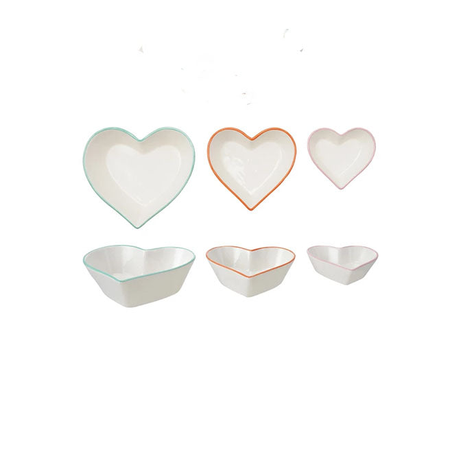 Stoneware Heart Shaped Bowls with Colored Rims, White