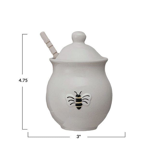 Stoneware Honey Jar w/ Embossed Bee & Wood Dipper, Set of 2