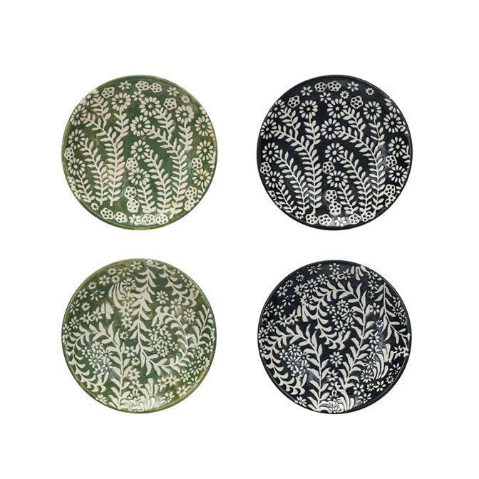 Stoneware Plate w/ Wax Relief Botanicals, 2 Colors, 2 Styles