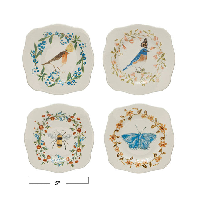 Stoneware Scalloped Plate w/ Insect/Bird & Flowers, Multi Color, 4 Styles