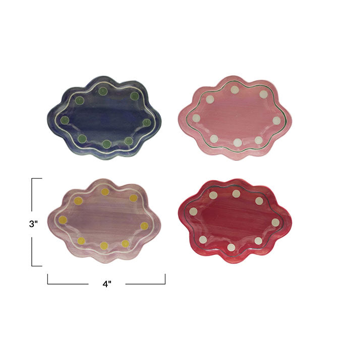 Stoneware Scalloped Dish w/ Wax Relief Design, 4 Colors