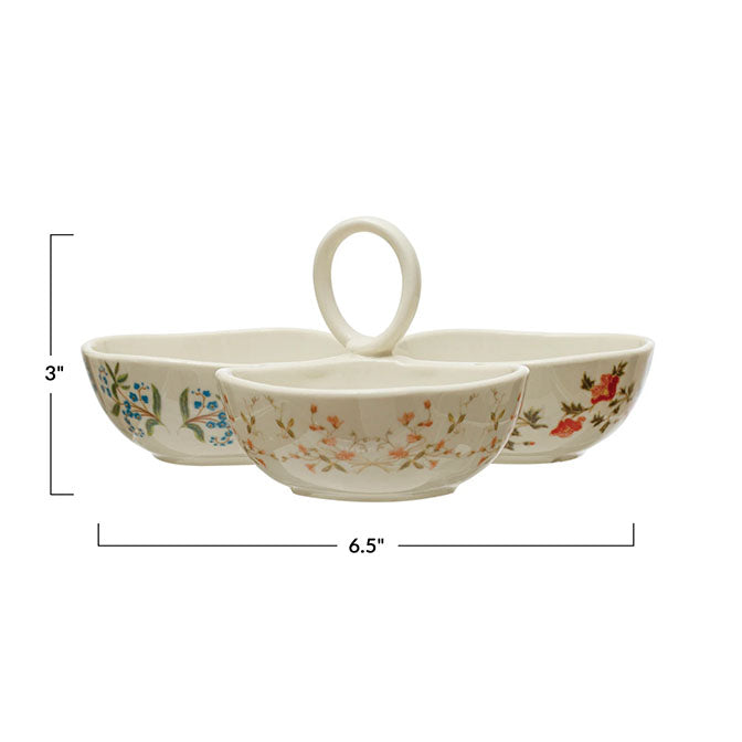 Stoneware Dish w/ 3 Sections, Handle & Insect/Bird, Multi Color