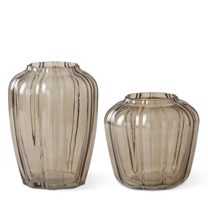 Scalloped Beige Line Pressed Glass Vases
