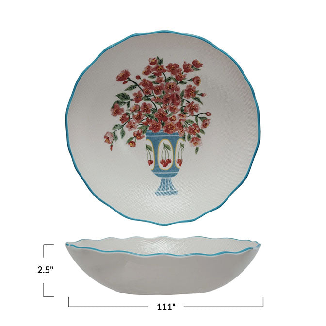 Textured Stoneware Salad Bowl w/ Flowers in Vase & Colored Rim ©