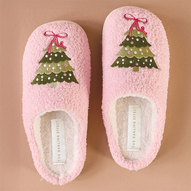 Fuzzy Holiday Slippers - Twinkling Trees