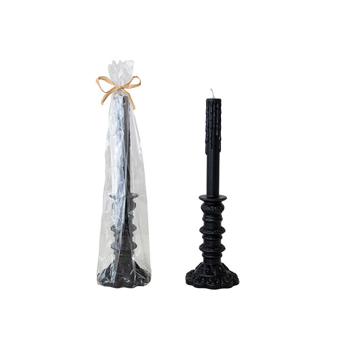 Unscented Taper Shaped Candle in Cello Bag with Raffia Tie, Black
