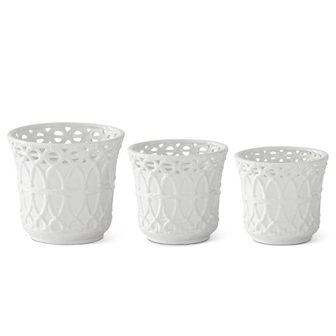 White Ceramic Basket Weave Embossed Pots