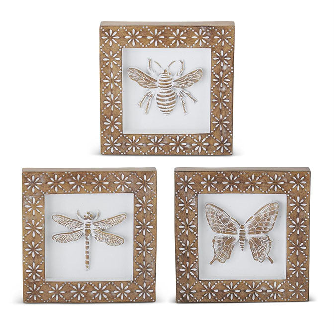 6 Inch Whitewashed Carved Resin Insect Shadow Boxes