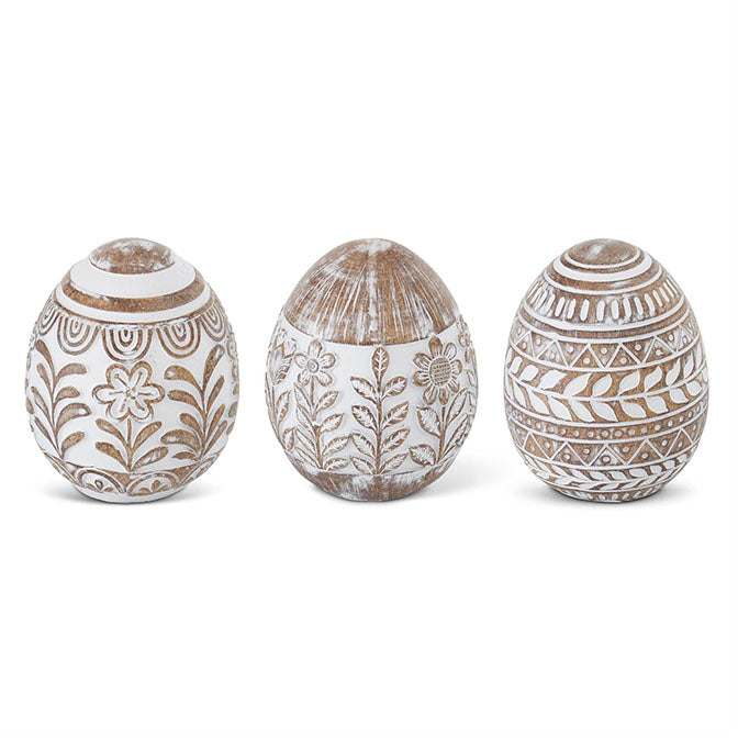 4 Inch Whitewashed Floral Carved Resin Easter Eggs