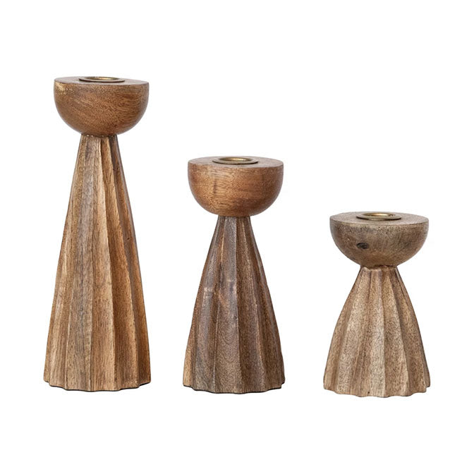 Carved Mango Wood Pleated Taper Holders, Natural