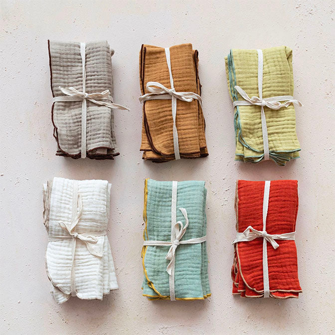 Woven Cotton Double Cloth Napkins w/ Contrasting Stitched Edge, 6 Colors, Set of 4