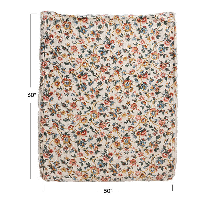 Woven Cotton Printed Throw w/ Sherpa Back, Flower Pattern & Fringe