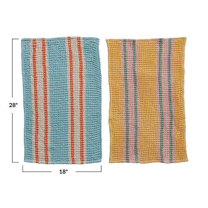 Woven Cotton Waffle Weave Tea Towel w/ Stripes, 2 Styles
