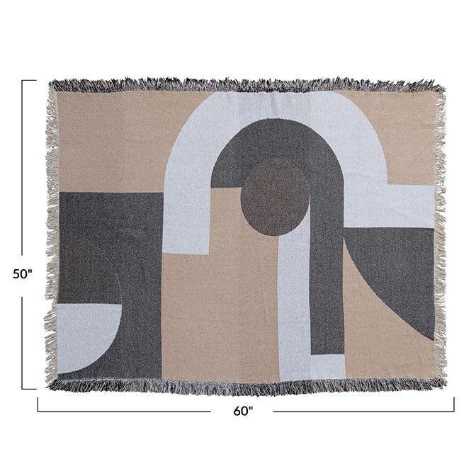 Woven Recycled Cotton Blend Throw w/ Geometric Design & Fringe, Multi Color