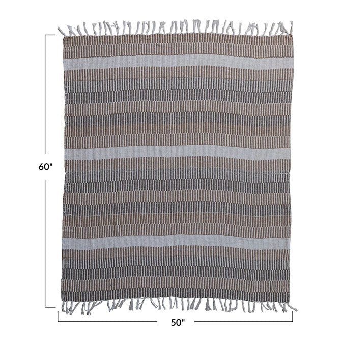 Woven Recycled Cotton Blend Throw with Stripes & Fringe