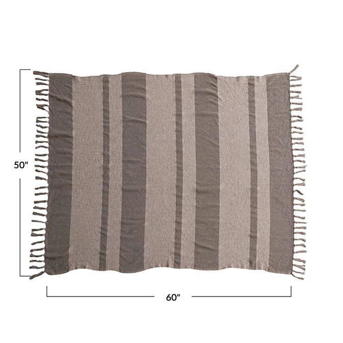 Woven Recycled Cotton Blend Throw w/ Stripes & Fringe, Beige & Brown