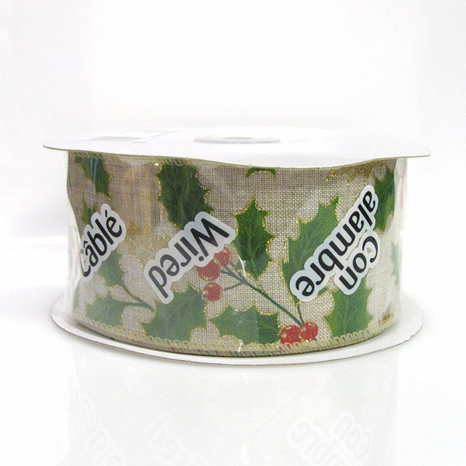Natural Wired Holly Ribbon