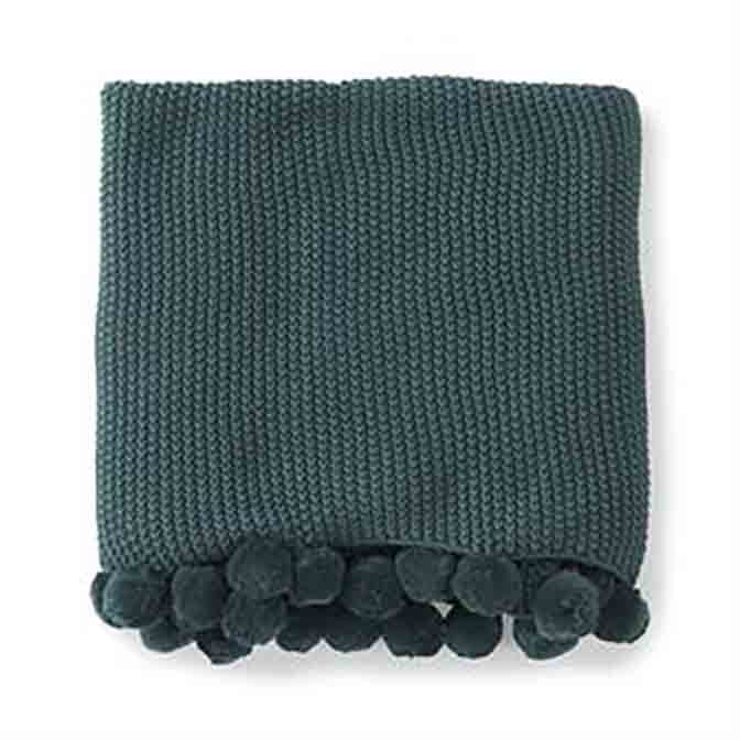64 Inch Hunter Green Stitch Knit Throw w/Pompom Trim