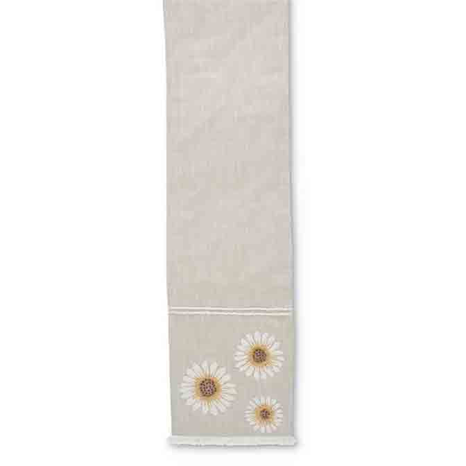 72 Inch Tan Linen Table Runner w/Embroidered Sunflower