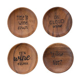 Acacia Wood Tapas Plates with Burned Wine Saying and Abaca Tie, Set of 4