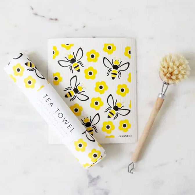 Yellow Bees Tea Towel & Dishcloth Bundle