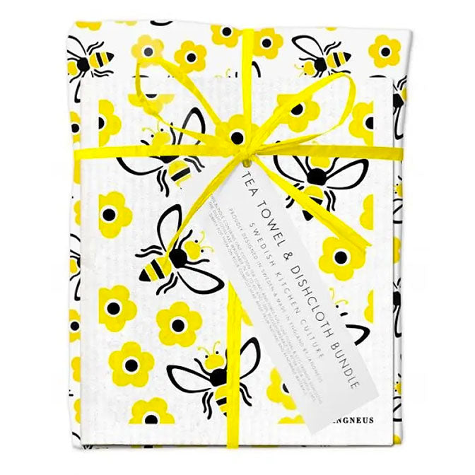 Yellow Bees Tea Towel & Dishcloth Bundle