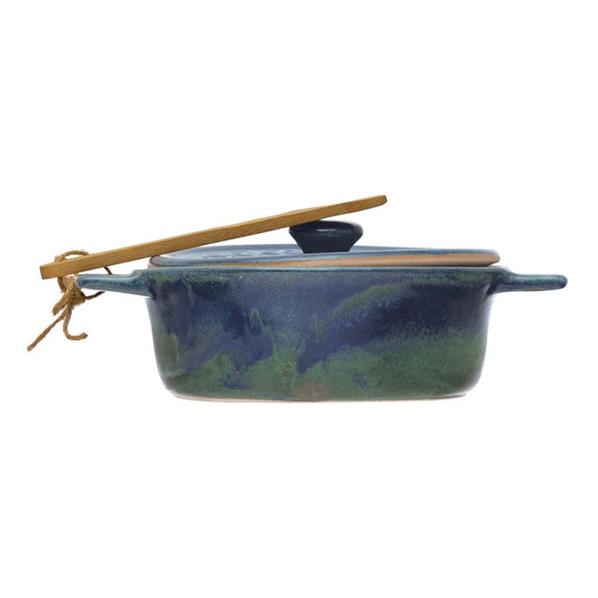 Blue/Green Brie Baker w/ Wood Spreader