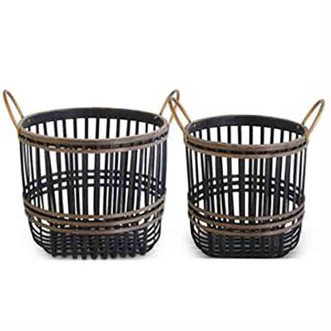 Brown Wood Slat Woven Nesting Baskets w/Gold Metal Handles