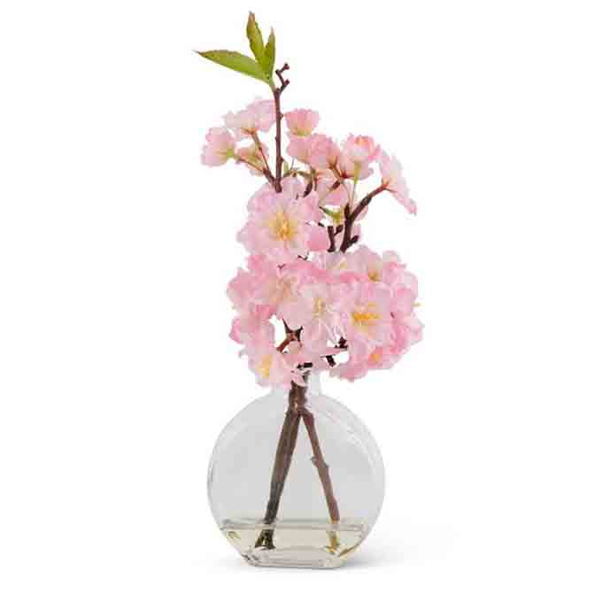 Cherry Blossom In Flat Round Glass Vase
