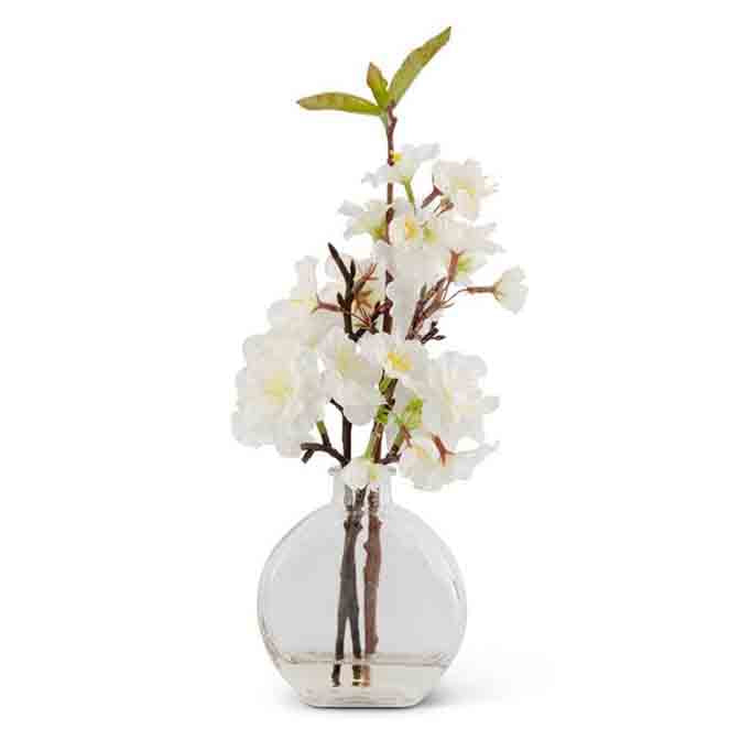 Cherry Blossom In Flat Round Glass Vase