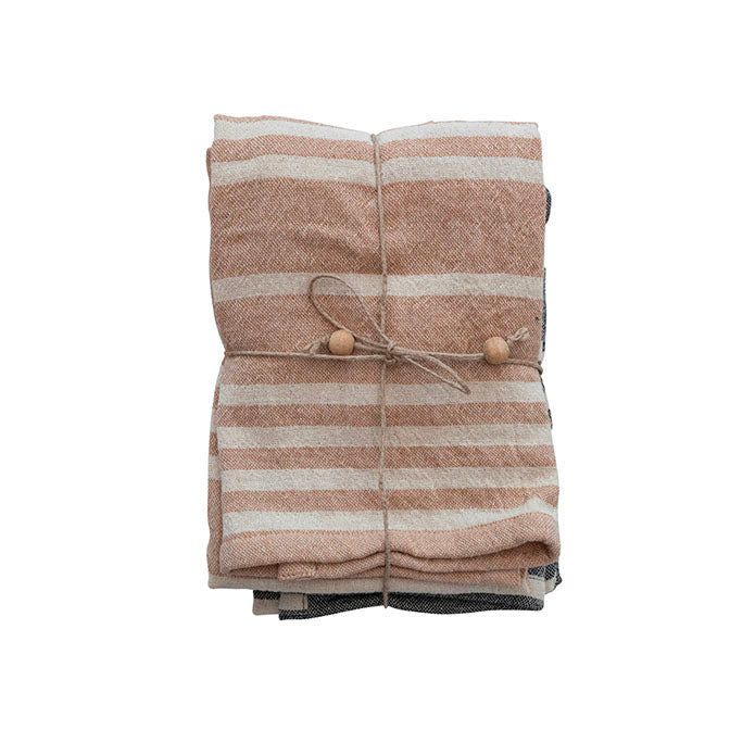 Cotton Double Cloth Striped Tea Towels w/ Jute & Wood Bead Tie
