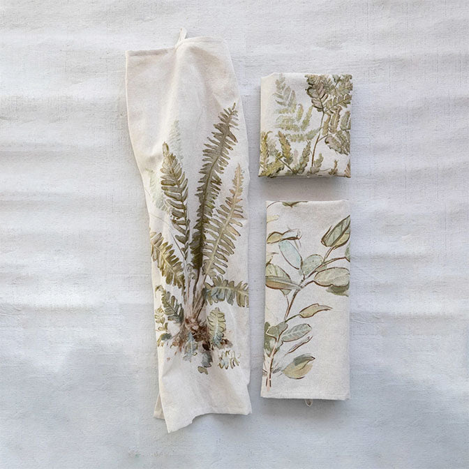Cotton & Linen Printed Tea Towel w/ Botanical Image & Loop, 3 Styles