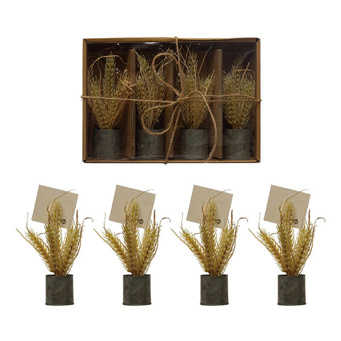 6"H Faux Wheat Place Card/Photo Holders in Galvanized Metal Pot