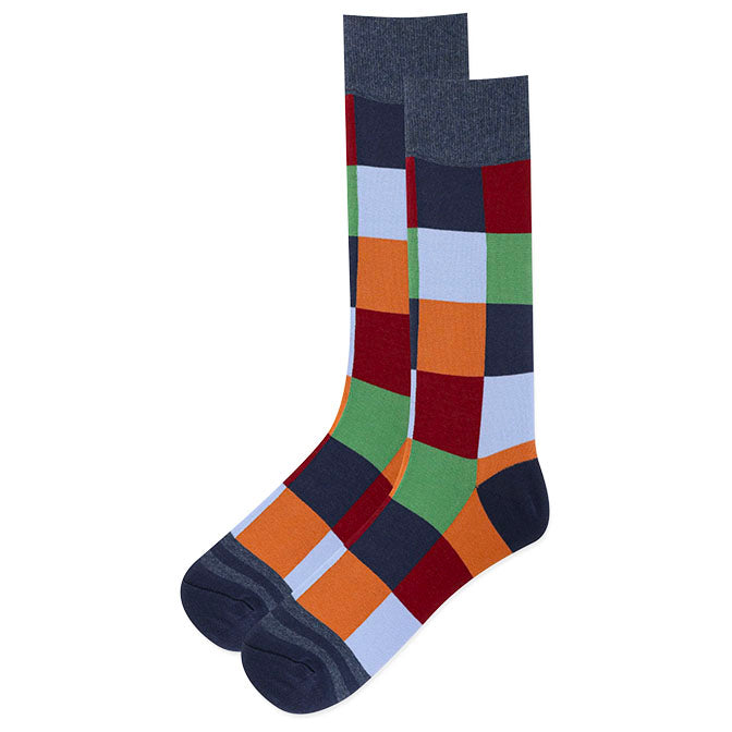 Men's Multi-Color Blocks Crew Socks- Blue