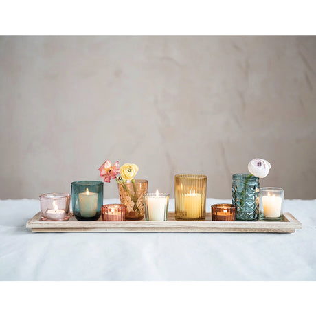 7 Pc Wood Tray Glass Votive Set