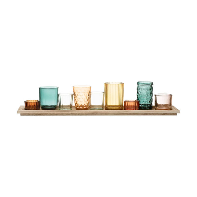 7 Pc Wood Tray Glass Votive Set
