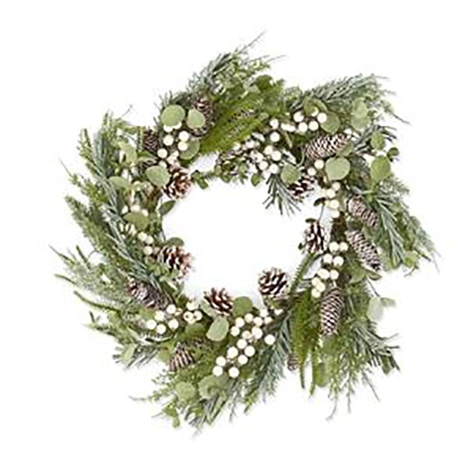 24" GLITTERED PINE WREATH WITH EUCALYPTUS WHITE BERRIES & PINECONES