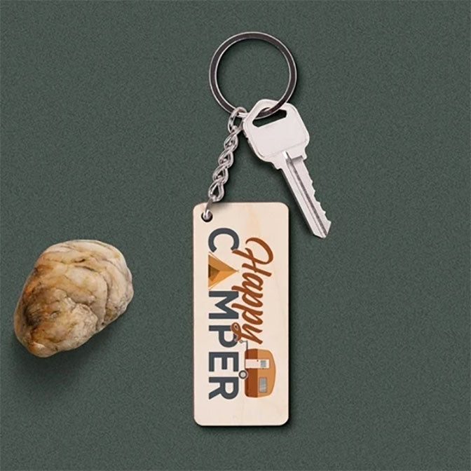 Happy Camper Maple Veneer Keychain