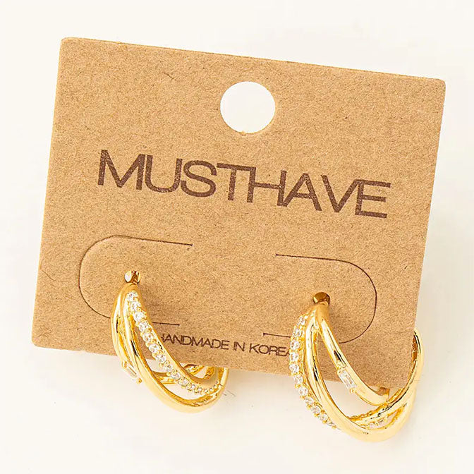 Mini Three Layered Pave Hoop Earrings