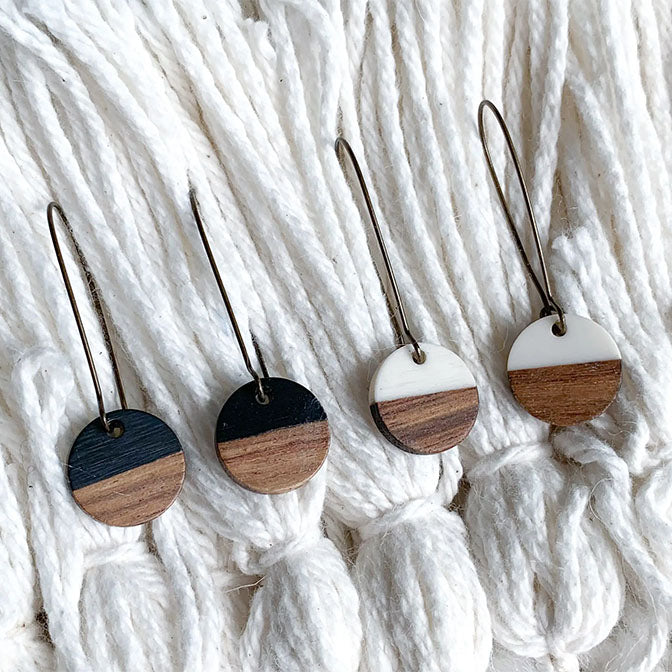 Wood & Black/Ivory Modern Disc Earrings