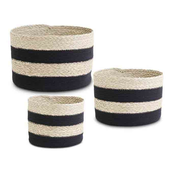 Round Black Striped Seagrass and Rope Basket