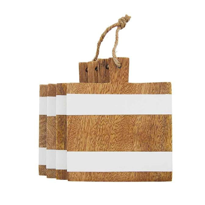 Square Wood White Stripe Coaster Set