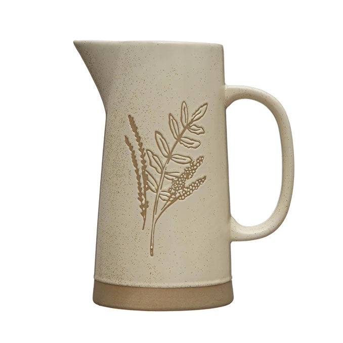 Stoneware Pitcher with Wax Relief Botanical Image, Reactive Glaze